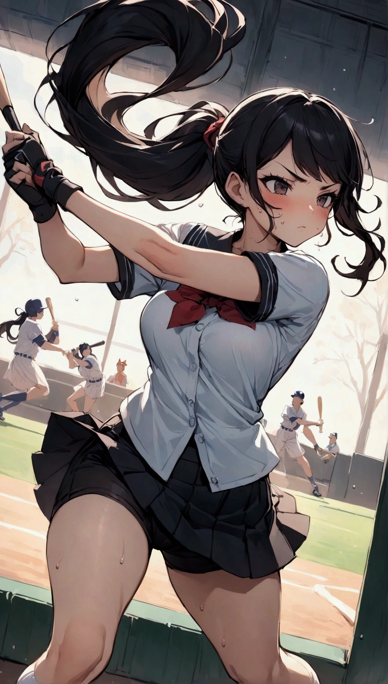 {{Baseball bat-swing:1.8}}．Animated image of a player swinging a baseball bat at a ball,{{action}},{{Baseball bat-swing, skirt flips up, glimpse of black shorts:1.8}},striking out swinging,Black shorts in skirt,Cartoonish ,Line of effect,JK,1girl, solo, athlete body,{{swing a baseball bat:1.8}},Baseball bat,swing,twist,Rotation and twisting of the body,{{masterpiece}}, {{{Highest quality}}},{{Very detailed}},cowboy shot, dutch angle,Dynamic composition, A high school girl is swinging and missing at a batting cage,school uniform,mini skirt,Short sleeve blouse　clavicle　Knee-high socks　 Speed Line　Motion Lines　,Batting Center,Bat,Sweat,Bad mood, be flustered,frustrating,{{v-shaped eyebrows}},Bad mood,blush,Sweat,raise one's eyebrows　,Black Hair,batting glove,Indoor batting center,sidelong glance,Black Skirt,Long Hair,ponytail,Black shorts,Above the baseball batter's box