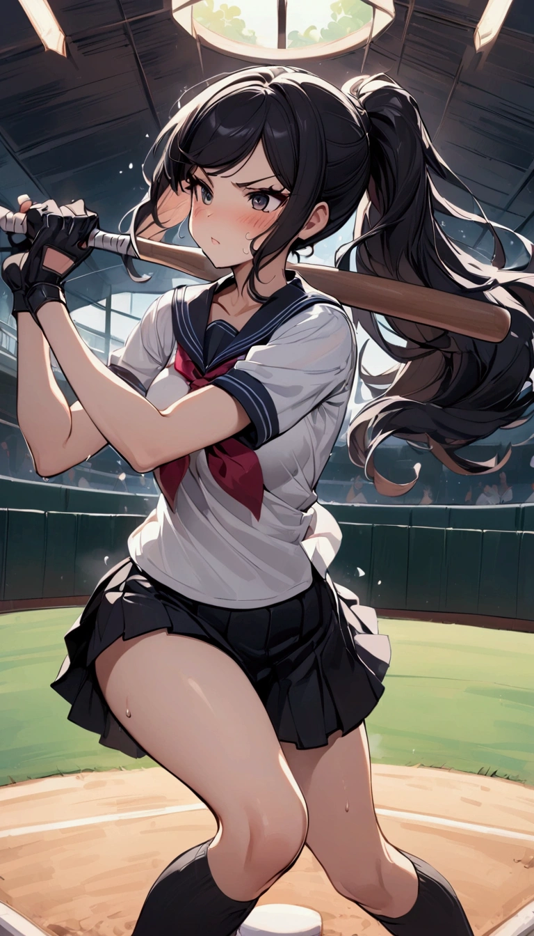 {{Baseball bat-swing:1.8}}.Animated image of a player swinging a baseball bat at a ball,{{action}},{{Baseball bat-swing, skirt flips up, glimpse of black shorts:1.8}},striking out swinging,Black shorts in skirt,Cartoonish ,Line of effect,JK,1girl, solo, athlete body,{{swing a baseball bat:1.8}},Baseball bat,swing,twist,Rotation and twisting of the body,{{masterpiece}}, {{{Highest quality}}},{{Very detailed}},cowboy shot, dutch angle,Dynamic composition, A high school girl is swinging and missing at a batting cage,school uniform,mini skirt,Short sleeve blouse clavicle Knee-high socks Speed Line Motion Lines ,Batting Center,Bat,Sweat,Bad mood, be flustered,frustrating,{{v-shaped eyebrows}},Bad mood,blush,Sweat,raise one's eyebrows ,Black Hair,batting glove,Indoor batting center,sidelong glance,Black Skirt,Long Hair,ponytail,Black shorts,Above the baseball batter's box