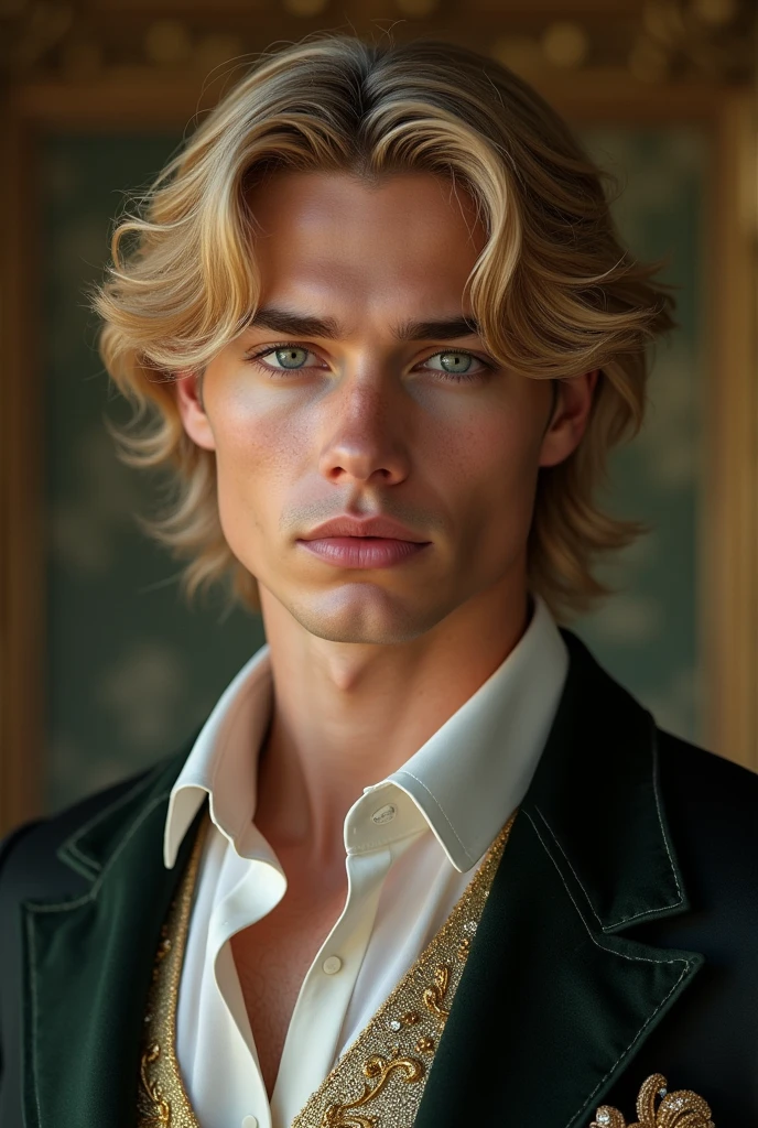 a 23-year-old prince with flowing blonde hair. He should exude a gentle and refined demeanor, while also being strikingly handsome and charming. His attire should be elegant and stylish, highlighting his attractive and sophisticated presence.