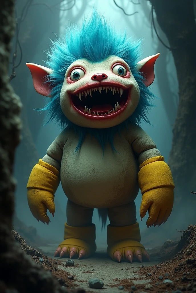 Dark fantasy A stuffed animal with a nearly round head with a huge red mouth with sharp teeth and a and big legs and big arms with a yellow glove and glass eyes and has tall blue hairs