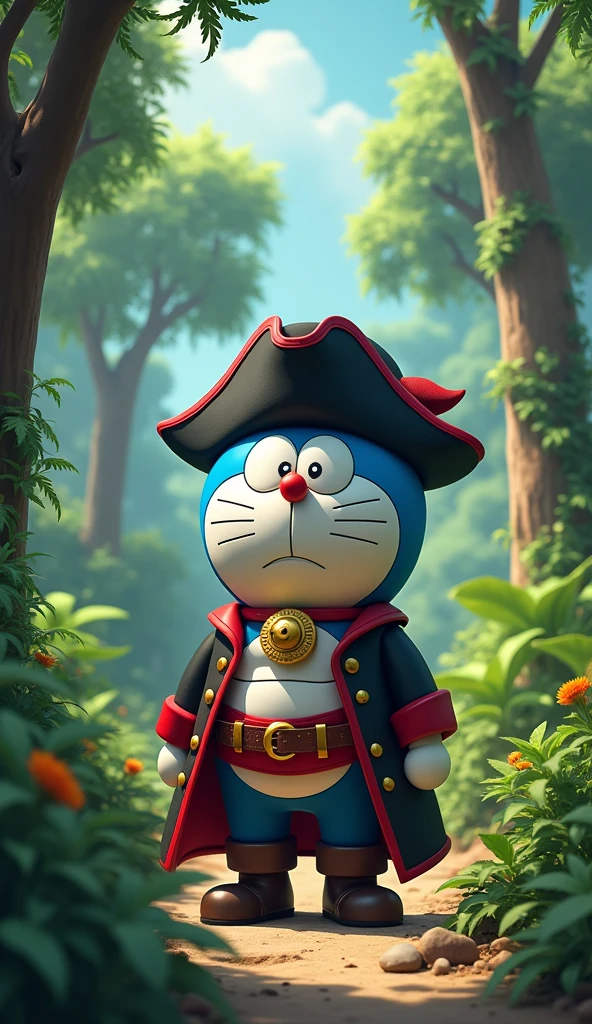 Image of Doraemon wearing a black hat pirate costume, black and red suit, standing in front of the big trees behind, jungle scene Distant view just