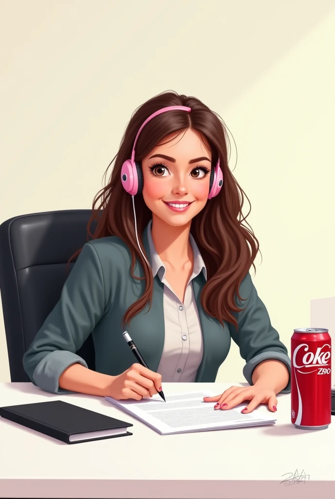 I want you to create a relaxed drawing of a not too fat not too thin secretary with long brown hair below the waist sitting at her desk in the image is the image is in front of the secretary the secretary is at a white table with the black notebook with light pink hearing aids A can of black coke zero on the table a white printer pad of paper and she is sitting in a black chair and she is looking and signing very friendly she is wearing headphones with light pink hearing aids in this image she is
