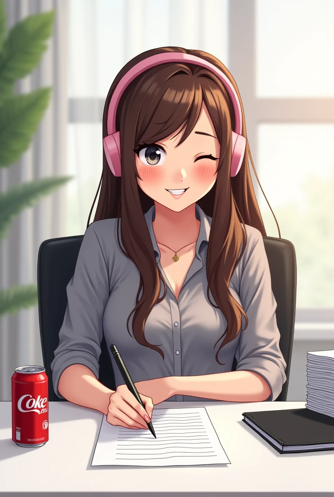I want you to create a relaxed drawing of a not too fat not too thin secretary with long brown hair below the waist sitting at her desk in the image is the image is in front of the secretary the secretary is at a white table with the black notebook with light pink hearing aids A can of black coke zero on the table a white printer pad of paper and she is sitting in a black chair and she is looking and signing very friendly she is wearing headphones with light pink hearing aids in this image she is