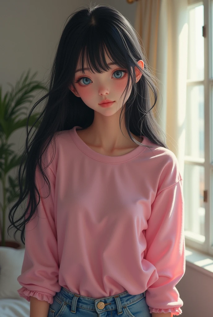 a  with black hair and bangs, blue eyes, wearing jeans and a pink long-sleeved shirt in a room