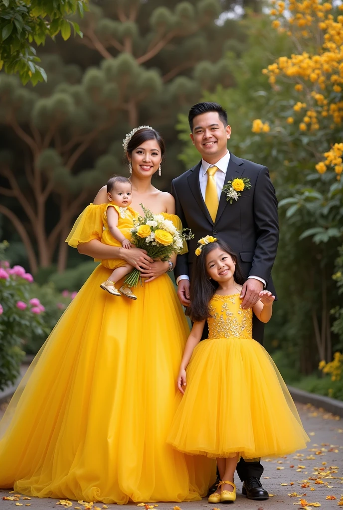 Real  pinoy family pic women beautiful with ballgown yellow and daughter Currying baby girl  1 year old with ballgown yellow and man handsome with attire and baby boy 6 years old with attire with flowers baloons butterflies 