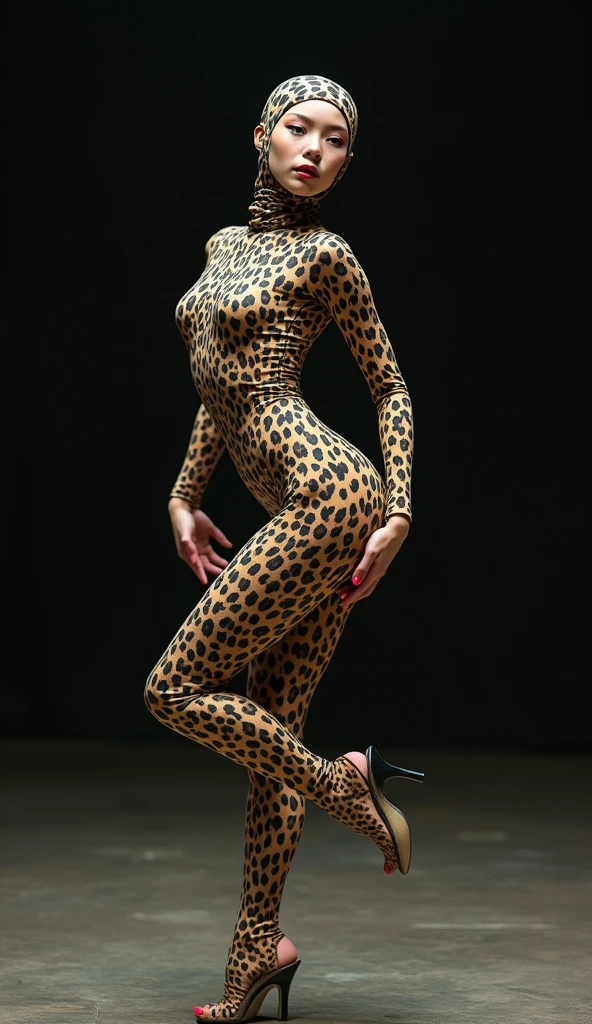 The beautiful and thinest chinese adult woman with glasses brown cheetah print lycra elasticity turtleneck unitard catsuit.She always wear hijab-like zentai costume hood made of lycra elasticity.She performs contortion when she is my contortionist.She took part for Mongolian Modern Angels Circus performance(snake convention 90 contortion)