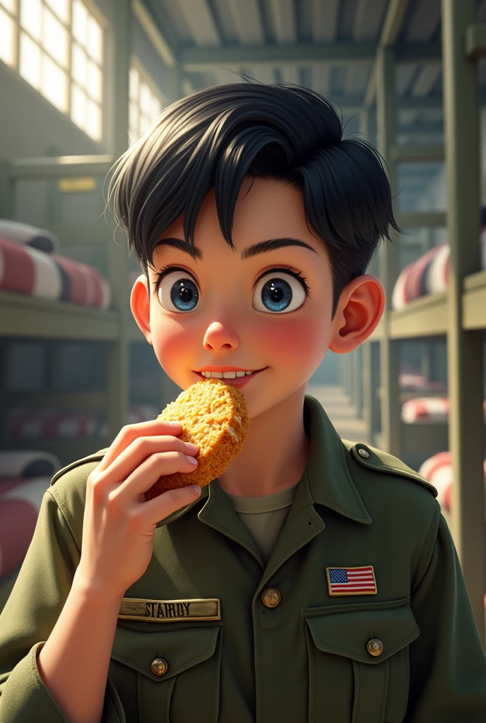 create a realistic image of an eighteen-year-old military boy with black hair and blue eyes, cheerfully eating snacks in the military barracks 