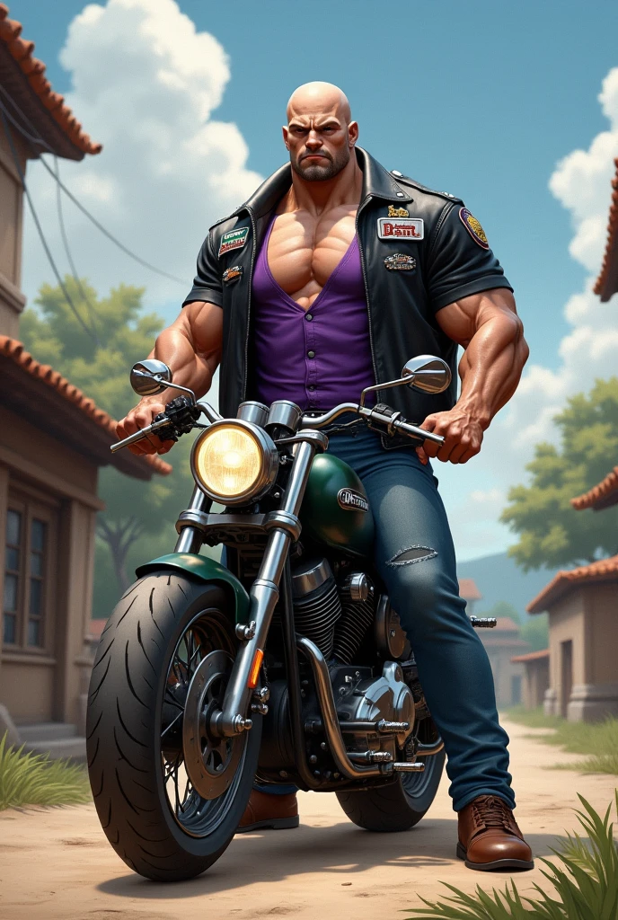 Big body builder white bald men wearing unbuttoned purple shirt with logos and black leather jacket at village on heavy motor bike