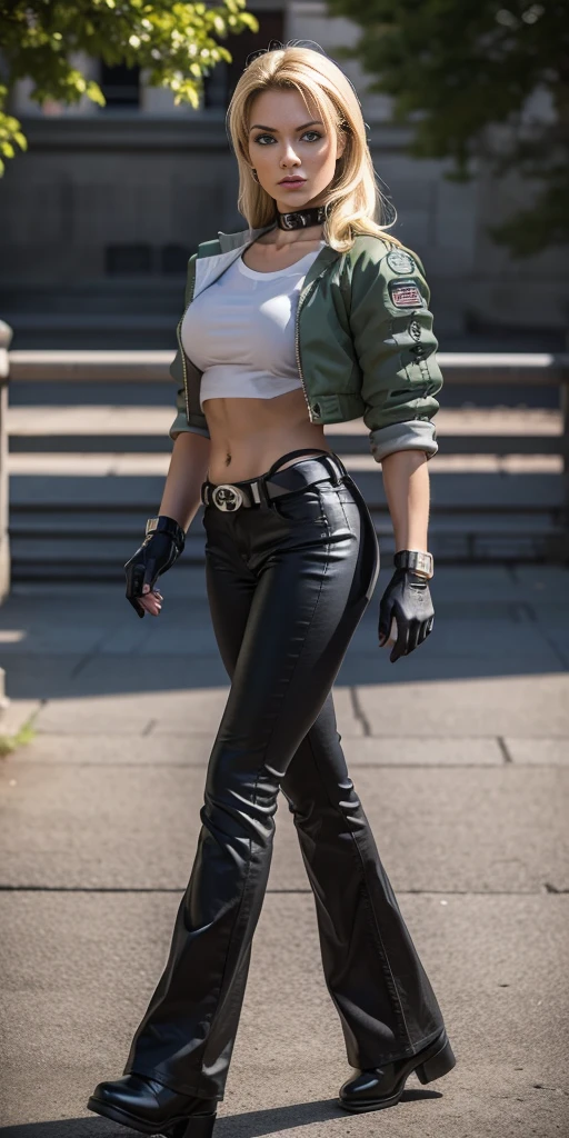 8k, masterpiece, best quality, ultra-detailed, sonyablade, 1girl, solo, long hair, blonde hair, cute blue eyes, breasts, choker, crop top, cropped green jacket, black fingerless gloves, full body, highleg panties, jacket, combat boots, lipstick, makeup, (abs:0.3), midriff, navel, black pants(Wide flares on pants:1.2),
