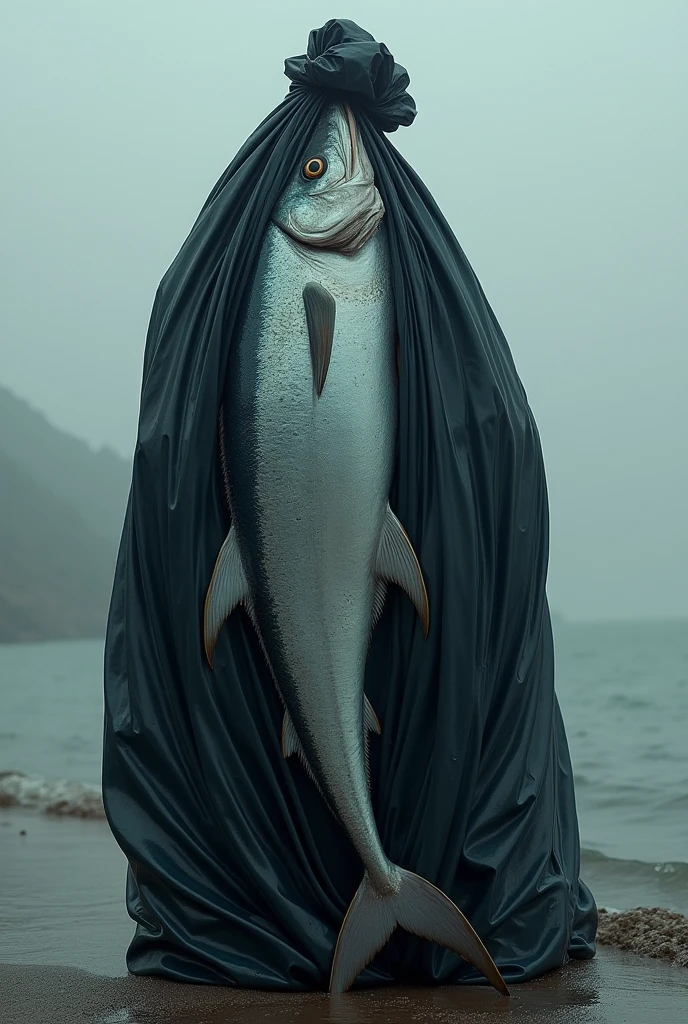 A medium-sized tuna covered in a black garbage bag