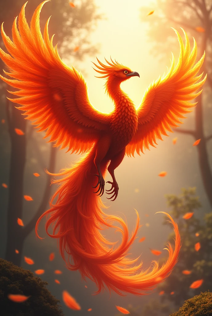 Fire Phoenix flopping wings with long tails and falling feathers in the background