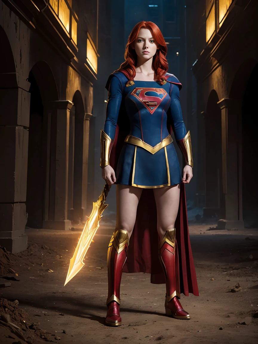 ((photo by full body,standing, Feet on the ground))supergirl A red-haired warrior man with yellow eyes wearing black and gold Supergirl armor