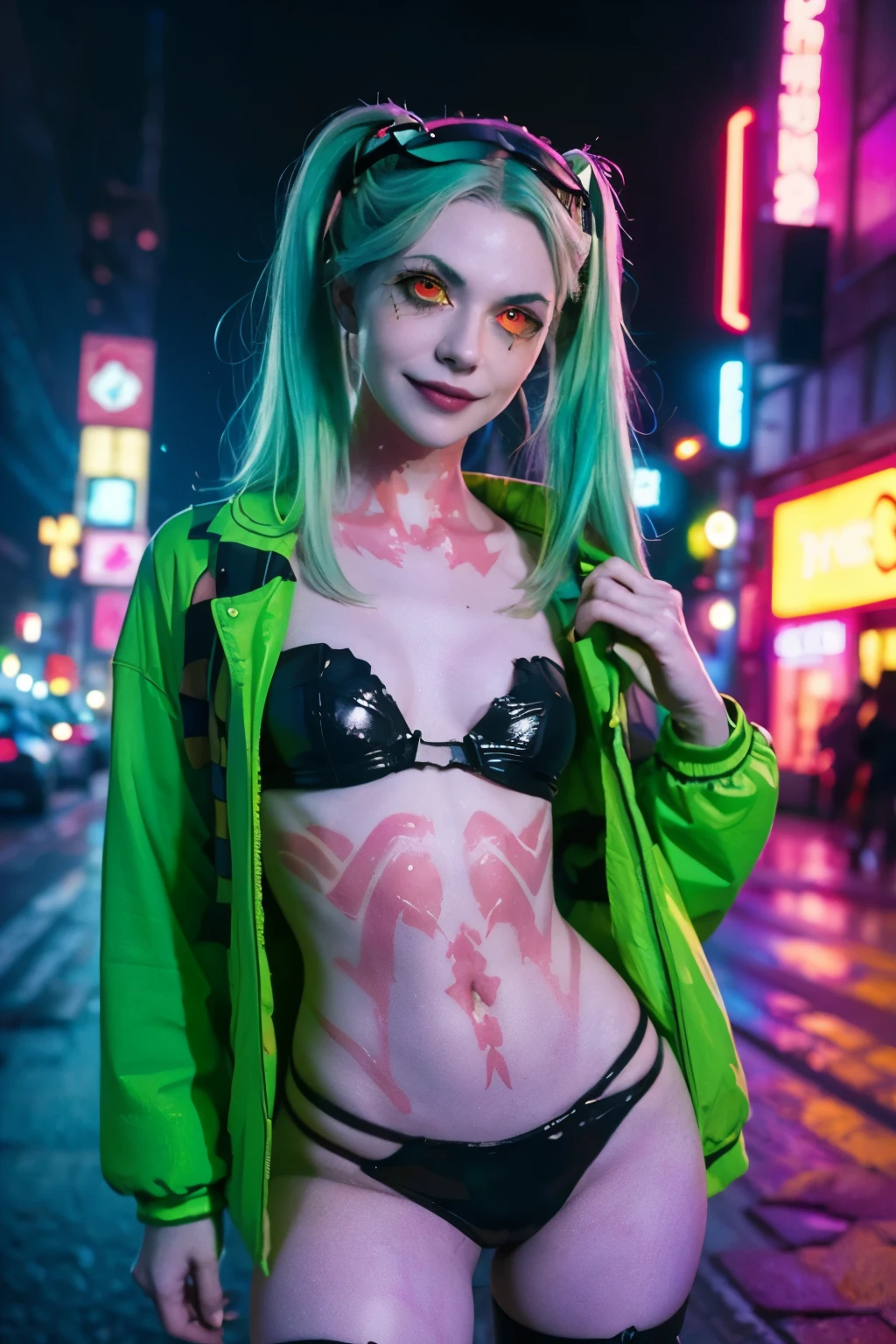 Rebecca, 1girl, young girl, 18 years old , futuristic cyberpunk, lewd grin, (twin tail, hairband, colored sclera, red sclera, green hair, green pupils, fang, red eyes, wearing a little sexy clothes, black croped jacket ), ((skinny body)) , ((psycho face, creppy smiling. Angry face )), cinematic, ultra highly detailed, beautiful details, vivid, saturated colors, filigree detailed, tiny details, pop surrealism, cowboy shot. hyper-realistic style, highly detailed textures, reflective and glossy surfaces, cinematic lighting, neon lights reflecting off her skin, urban cyberpunk cityscape in the background, (vivid colors), (high contrast), (sharp focus), (bokeh effect in the background), (moody atmosphere), (digital painting style), (masterpiece: 2), best quality, ultra highres, original, extremely detailed, perfect lighting. ((Abandoned urban wall background ))