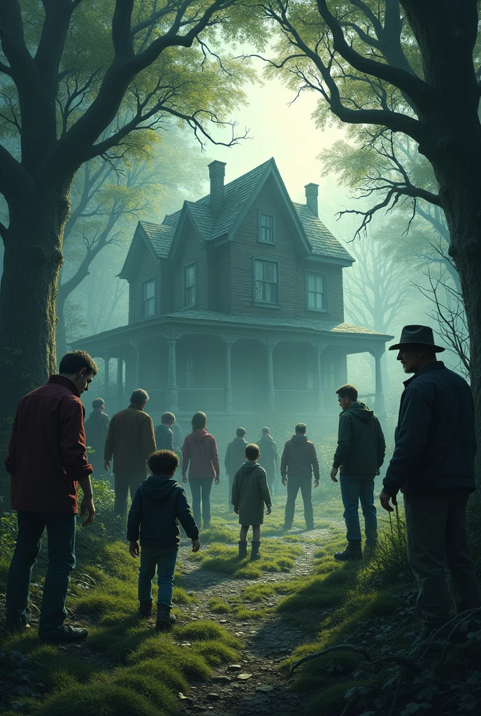 put several people of all ages who seem to be looking for someone in a forest with a scary house during the day

