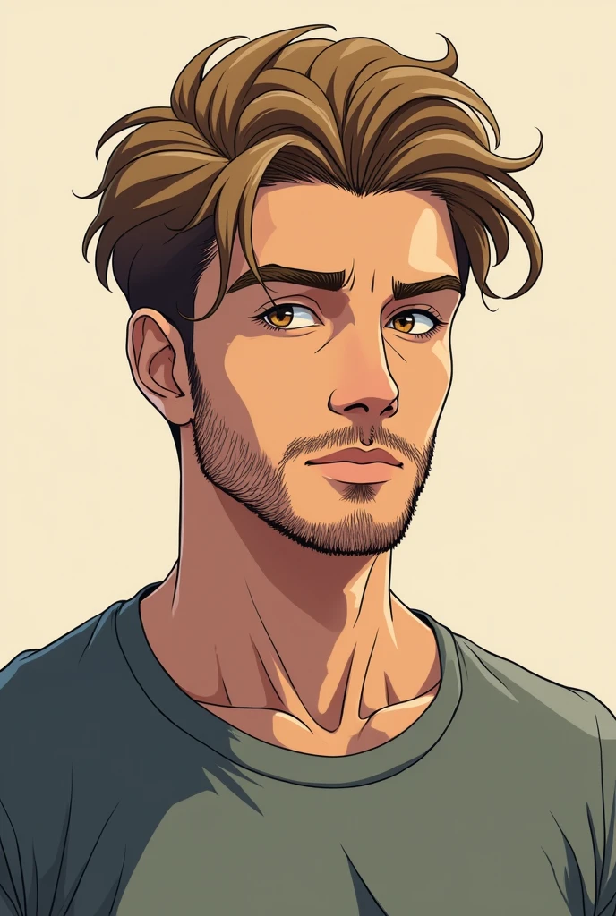 I want an anime version profile picture of a young man with a short beard , Caucasian skin,, dry leaf eyes with wavy hair and bangs and a mid fade color, He weighs 80 kg and has 15 percent body fat and is 173 cm tall..