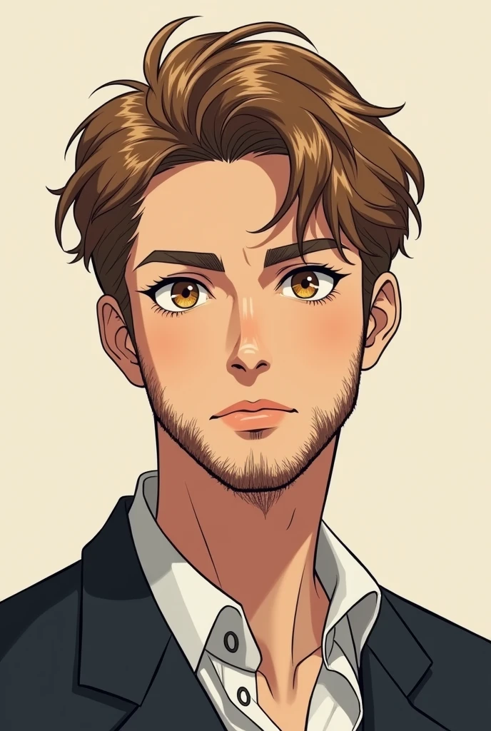 I want an anime version profile picture of a young man with a short beard , Caucasian skin,, dry leaf eyes with wavy hair and bangs and a mid fade color, He weighs 80 kg and has 15 percent body fat and is 173 cm tall..