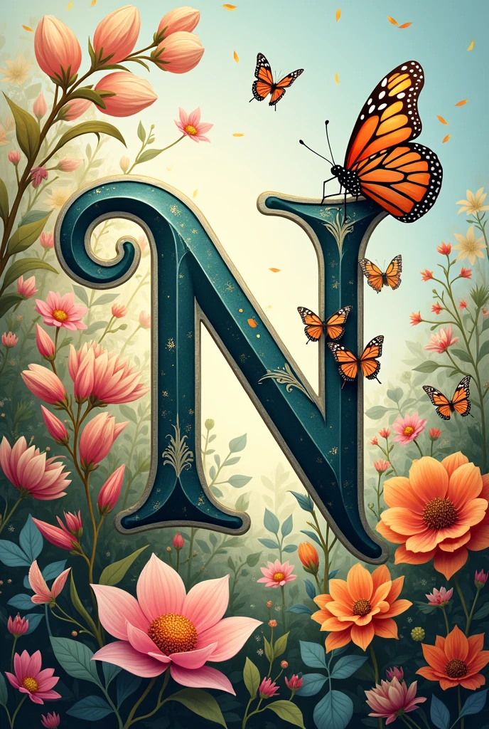 Alphabet "N" word with floral & butterfly in portrait background