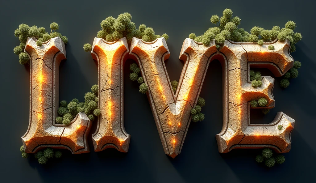 Create a 3D stylized text design for the word 'LIVE' 'NOW' using a medieval fantasy-themed font. The font should have a bold, blocky appearance with subtle curves and intricate details. The letters should have a stone-like texture, with small cracks and moss growing on the edges to enhance the ancient, mythical feel. Use a rich golden color with a metallic finish for the text, and add glowing accents around the edges to make it stand out. The overall design should be majestic and powerful, suitable for a fantasy-themed logo