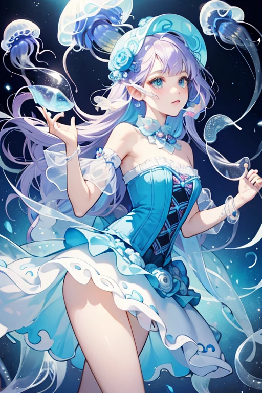 Jessa Jellyfish wears a colorful outfit: the blue and white bodice has a jellyfish-inspired motif; a removable satiny skirt has a whimsical shell print, bubble silhouette and “tentacle” tulle pieces. Matching traits with her jellyfish bestie include her coloring, jellyfish facial features and tentacle wrist fin details.  SPARKLE; GLITTER