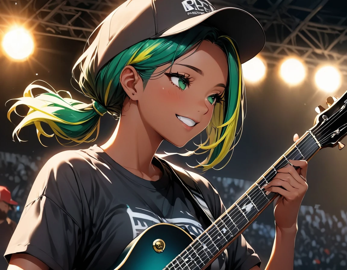 (highest quality:1.2, Very detailed, up to date, Vibrant, Ultra-high resolution, High Contrast, masterpiece:1.2, highest quality, Best aesthetics), Portraiture、girl、((25 years old:1.5)), (slim:1.2), 25-years-old, (black trucker cap:1.3), (black t-shirt), jeans, Bright colors、Beautiful fine details、Beautiful lip detail、long hair, (low ponytail:1.3), white and yellow green ((streaked hair:1.6)), highlights hair: 1.5, (small breast,:1) (tan skin:1.2),Playing guitar, Electric guiter、Gibson Les-Paul, smile, singing, Rehearsing for a concert:1, on stage, ((upper body:1.5)),