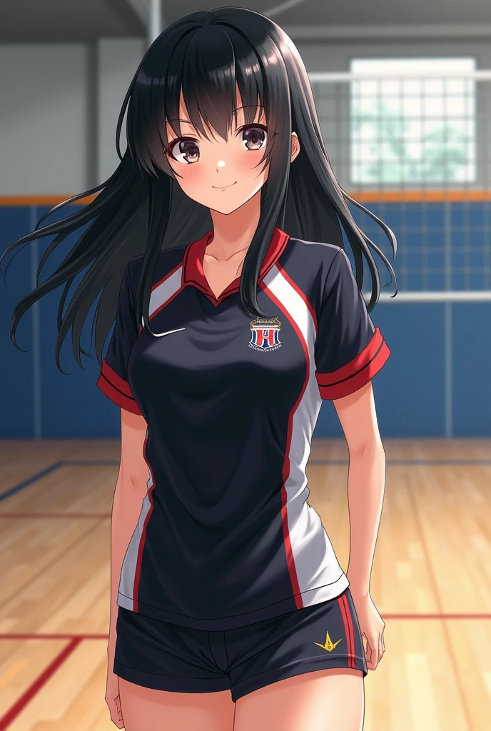 A Japanese high school girl with long black hair. Based on a real person.。
Volleyball club practicing in the gym。
The uniform is black and white with short sleeves.、Red underneath。
A painting that looks like a photograph。
