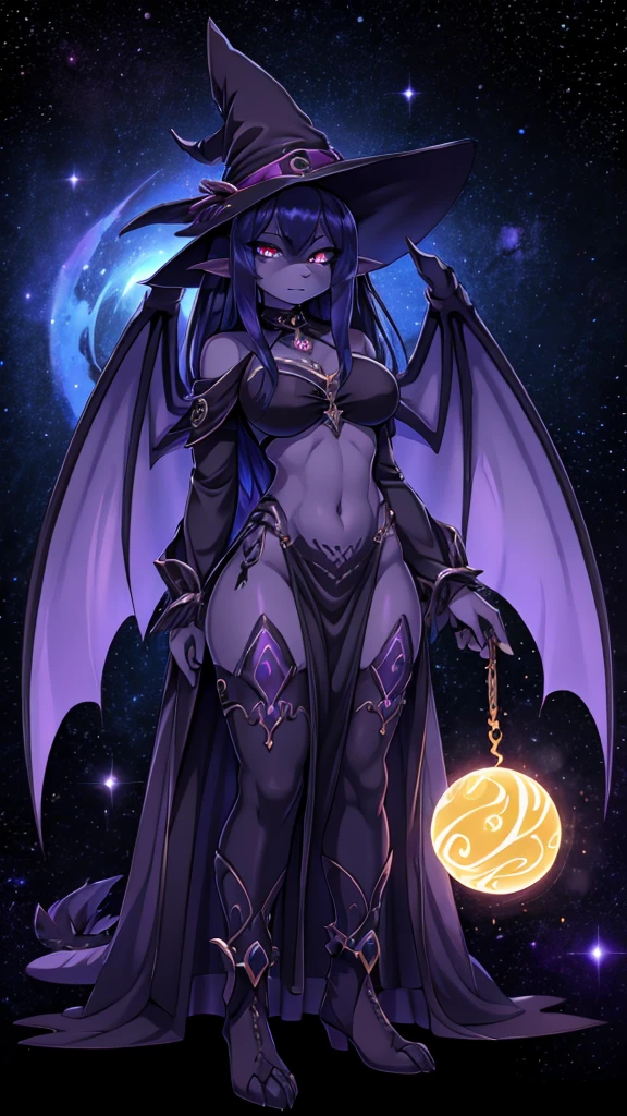 18 year old girl, (shy and spice girl),black skin with blue, Arab,(falda Arab) furry, furry art, the debt, witch clothing, malignant aura, dragon wings, body with scales and feathers, energy ball, casting sorceress spell, red evil eyes, angry face,evil spell, black aura, pose on all fours, elevated hip, standing ass, tail up,camel lip on the crotch His eyes are large and expressive, Resplendent irises of blue and purple, cosmic background, amazing space background