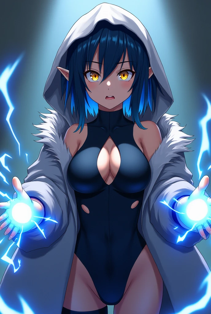 My hero academia style, Girl with navy blue hair and lighter blue streaks, yellow eyes, Light skin and a slightly confused, frowning expression. While wearing a dark suit that covers his torso and even above his thighs,Her suit leaves her chest uncovered. (Your suit at the bottom is like a thong type) While wearing a furry grey coat, He wears the hood of his coat over his head.,He is wearing dark wide trousers, And some white fingerless gloves, While around it there are some blue rays, And blue rays also come out of his hands.