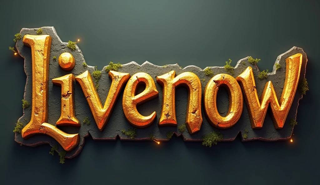 Create a 3D stylized text design for the word 'LIVENOW' using a medieval fantasy-themed font. The font should have a bold, blocky appearance with subtle curves and intricate details. The letters should have a stone-like texture, with small cracks and moss growing on the edges to enhance the ancient, mythical feel. Use a rich golden color with a metallic finish for the text, and add glowing accents around the edges to make it stand out. The overall design should be majestic and powerful, suitable for a fantasy-themed logo