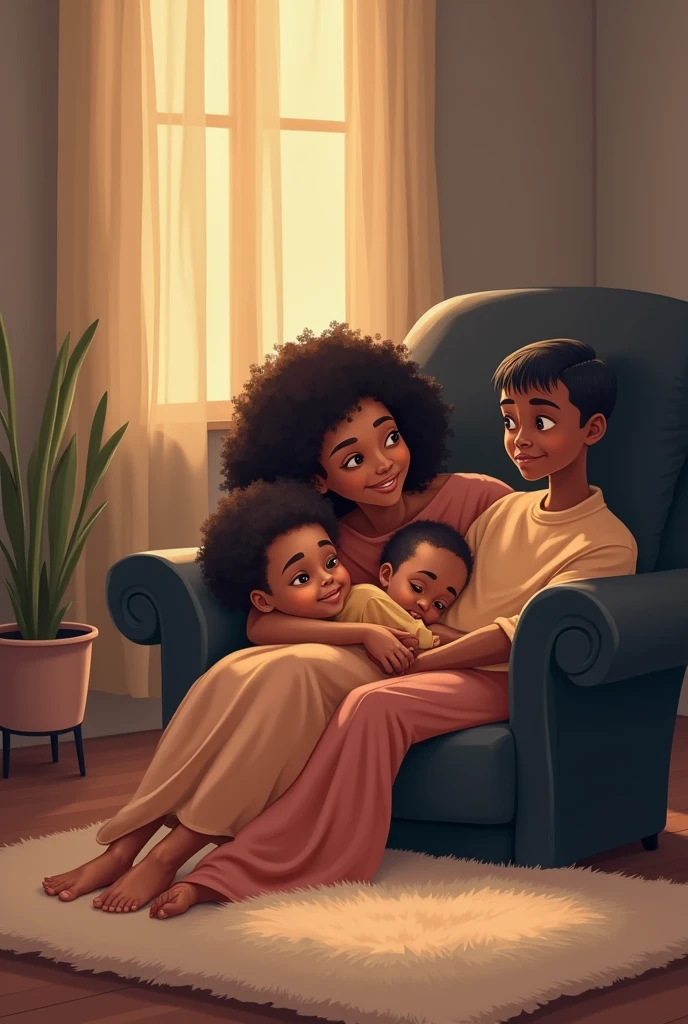 Draw an illustration about a family: her white-skinned mother and her older son, , with dark skin and short, straight black hair, and his younger brother, 9 years old, with white skin, are in the living room. dark waiting for the girl to arrive. Luz, the mother and the youngest child are lying on the floor of the house and the older brother is lying on a black armchair.