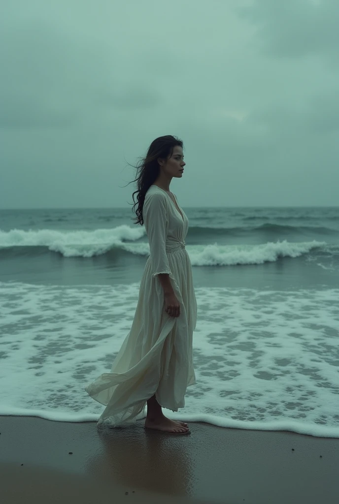 cinematic photo dark photo Center view. Black and white photo with dramatic effect. Raining. Storm. A beautiful lady in dark robe sitting crossed legs atop a rock in the middle of a sea while looking directly to the viewer. Her body is facing directly to the camera. Her robe and her hair are wet and soaked. The wind is strong, her black hair and her long tattered robe are fluttering in the wind direction. . The sky is dark and stormy. The sea are raging. The rain pours hard. Wave crashing to the rock she is seated on. too dark, chiaroscuro, low-key Dark Ambient