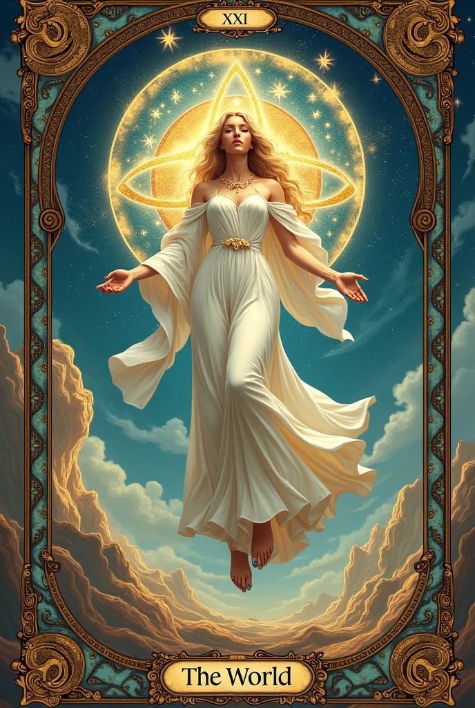 a card, intricate detailed tarot card illustration, tarot card, tarot card "the word", card header text "XXI", card footer text "The World", text font style medieval, blond hair goddess, white dress, floating in the sky, ((infinity symbol background)), infinity symbol, ouroboros symbol, cinematic lighting, dramatic shadows, vivid colors, rich color palette, surreal tarot card, mystical landscape, shimmering details, ornate patterns