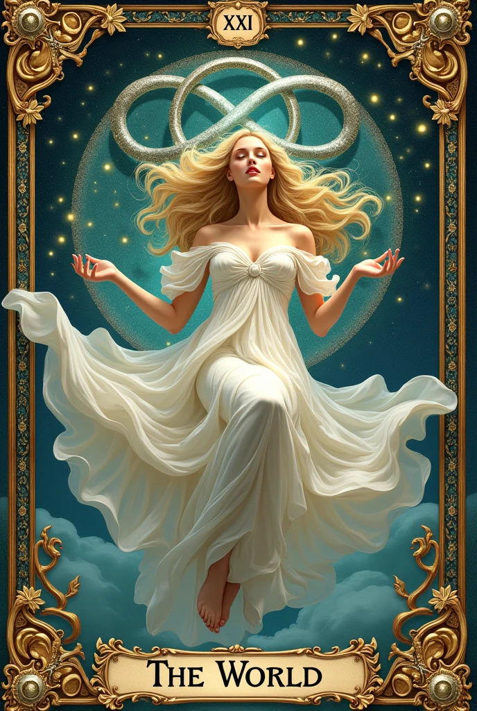 a card, intricate detailed tarot card illustration, tarot card, tarot card "the word", card header text "XXI", card footer text "The World", text font style medieval, blond hair goddess, white dress, floating in the sky, ((infinity symbol background)), infinity symbol, ouroboros symbol, cinematic lighting, dramatic shadows, vivid colors, rich color palette, surreal tarot card, mystical landscape, shimmering details, ornate patterns