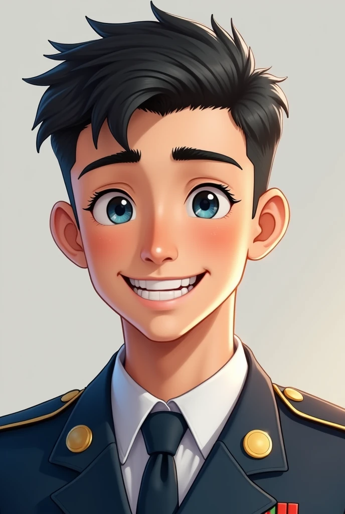 create a realistic image of a cheerful eighteen-year-old black-haired, blue-eyed military boy