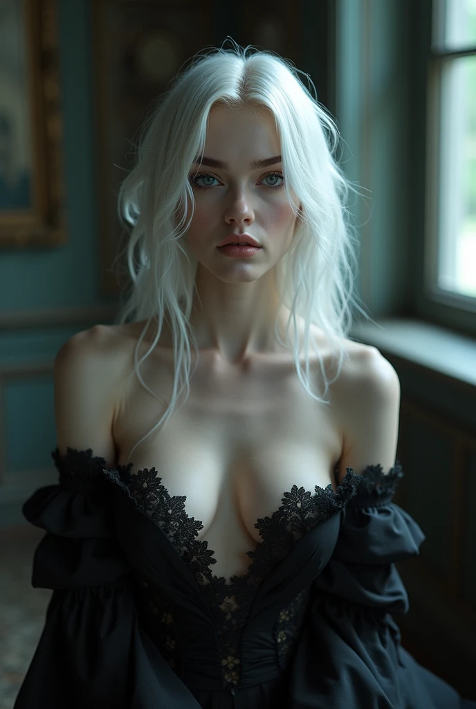 Please make a gothic woman with white hair, young and hot naked