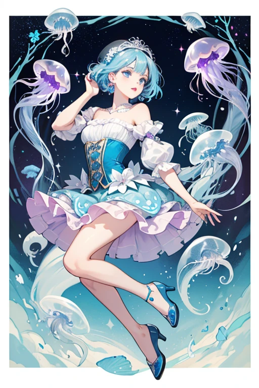 Jessa has beige skin. She has blue eyes, grey eyebrows, and red lips. She has light blue hair down to her hips. Her color can change by applying cold water - her rooted hair instantly transforms from light blue to dark blue; use warm water to change it back.
She wears a molded-on blue and white bodice that has a jellyfish-inspired motif. She has a purple pattern on the bodice. Her satiny skirt has a whimsical shell print, bubble silhouette and “tentacle” tulle pieces.
She wears translucent glittery purple shoes, jellyfish sleeves, and purple jellyfish decorates her headband. SPARKLE; GLITTER