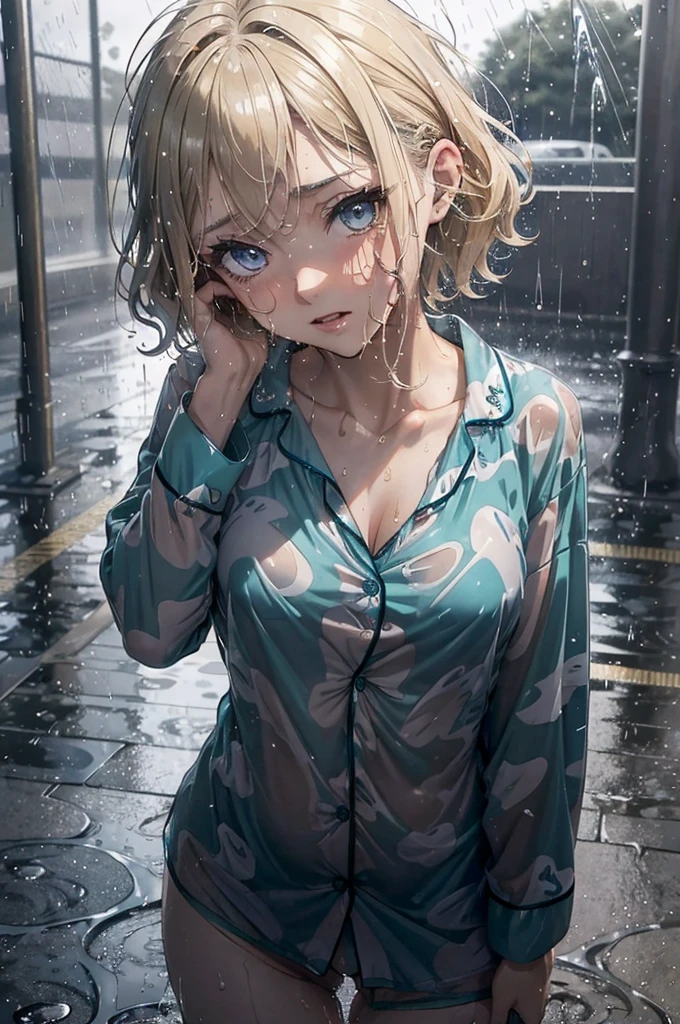 (((patterned pyjamas, soaking wet short hair, hair sticking to her face,))) translucent teal-coloured pyjama shirt, she is otherwise naked, it is raining heavily, her pyjama top is soaking wet, her pyjama top is so wet it is sticking to her body, her eyes are purple and gorgeous, amazing purple eyes, growing purple eyes, dripping wet hair, no underwear, no pyjama bottoms, nighttime, very dark, midnight, pavement, short caramel-blonde hair, braless, no panties, bare legs, bare groin, wet breasts, NSFW, thin material, small B-cup breasts, very wet, soaking wet, wet hair, wet clothes,