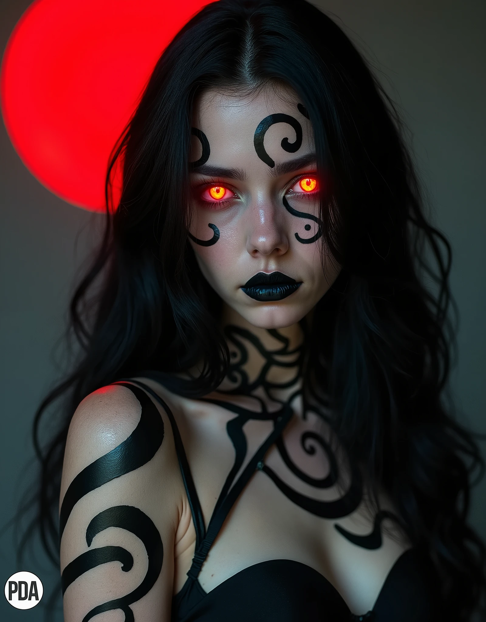 An eye-level portrait of a dark-haired woman with long black hair, her eyes are glowing a vibrant orange. Her face is adorned with black swirls, adding a pop of color to her body. The woman's upper body is covered in a black and white patterned design, while her arms and shoulders are adorned with a black design. The background is a dark gray, with a red circle in the upper left corner of the frame. A small white logo with the letters PDA is visible in the bottom left corner.