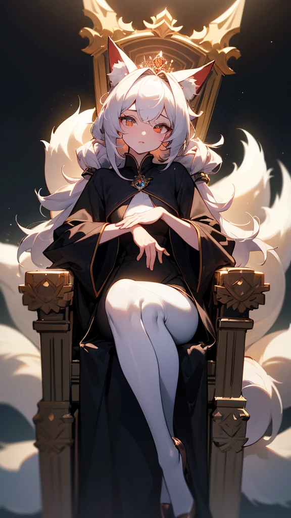 (masterpiece), (Best Quality: 1.0), (ultra high resolution: 1.0), (Best Quality, 4k, 8k, masterpiece: 1.2), 2.5D, fur rose, dark dress, queen, starry background, White skin, fox ears and tail, look at the viewer, sitting on a throne, Whole body, hope, with a hairstyle that covers one of her eyes. His eyes are big and red, giving it an intense and enigmatic expression. The clothes she wears are tight and light white in color., highlighting your silhouette. Her pose is relaxed but with attitude, blur background and bokeh with soft colors