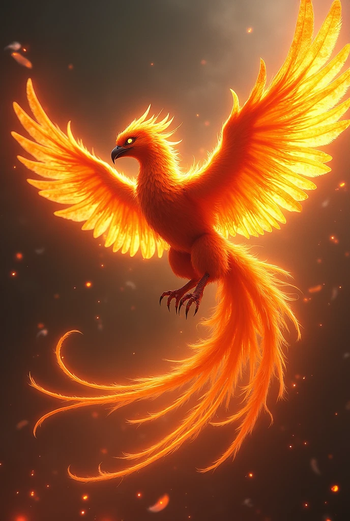 Scary Fire Phoenix flopping wings with long tails and falling feathers in the background