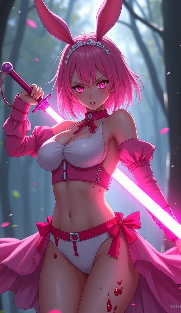 anime girl, pink hair, pink bunny ears, pink eyes, and pink fighting with a pink sword and angry all covered in blood maid outfit with big busts, high quality, (RAW photo, best quality), (realistic, photorealistic: 1.4), (extremely delicate and beautiful: 1.4), amazing, fine details, masterpiece, ultra detailed, high resolution, best illustration, best shadow, intricate, ( extremely intricate: 1.2), (exquisitely detailed skin), cinematic light, perfect anatomy, (cool color: 1.4), sharp focus, 8k UHD, DSLR, (Fujifilm XT3),Epic Fantasy Art Style HD, 4K fantasy art, epic fantasy digital art style, epic fantasy art style, Fantasy Woman, epic fantasy art portrait, Epic fantasy style, hyperrealistic fantasy art, hd fantasy art, Epic fantasy character art, epic fantasy art, in style of dark fantasy art, epic fantasy digital art, (skirt lifted by itself: 1.1), (skirt lift: 1.3), (showing white panties: 1.4 ), (mostrando panties white :1.4),( fondo bosque tenebroso :1.4)