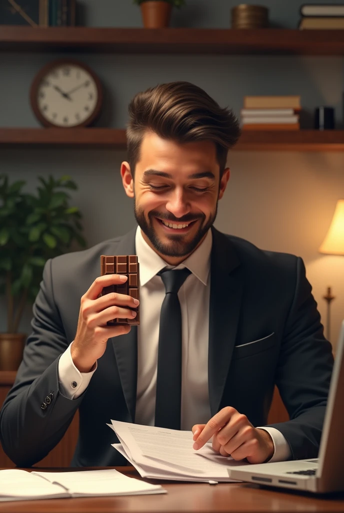 man office paperwork happy eating chocolate
