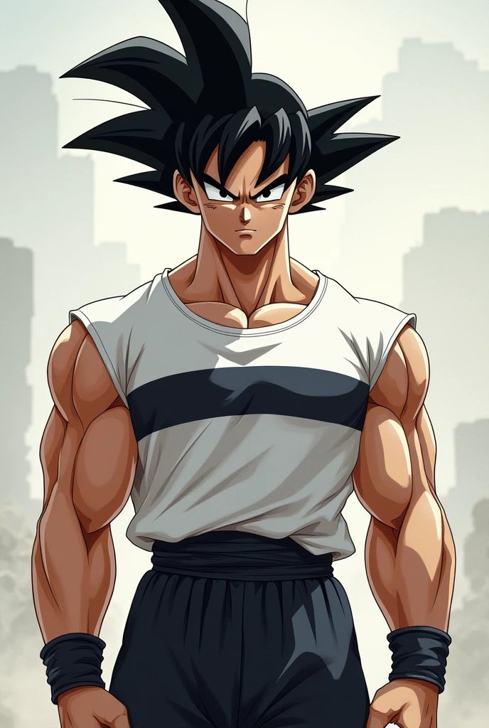 Goku with a white shirt and a black horizontal stripe