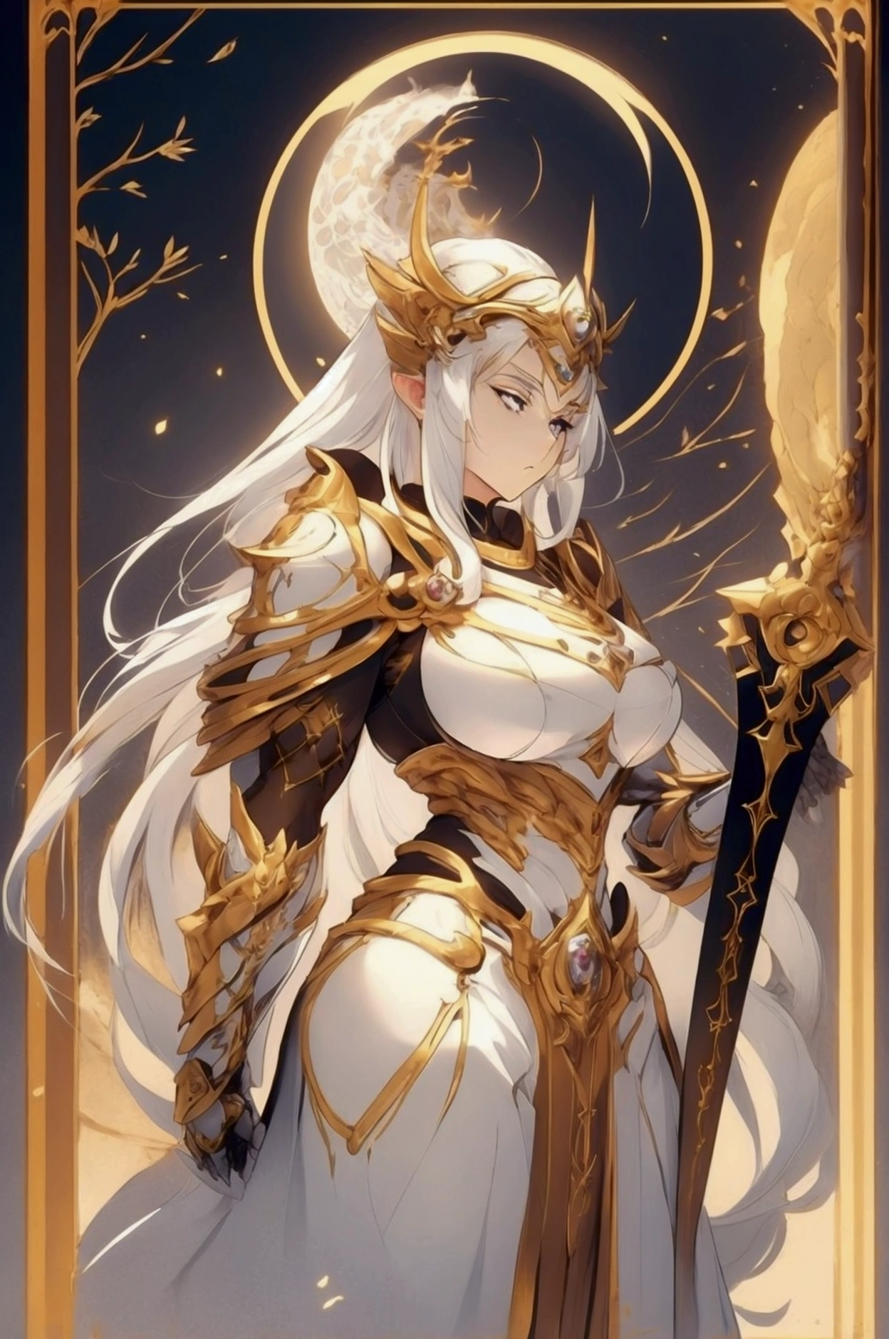 White hair, divine aura branch. goddess of the moon, serious face, breasts on display, large bust, Large Large, with medieval armor
