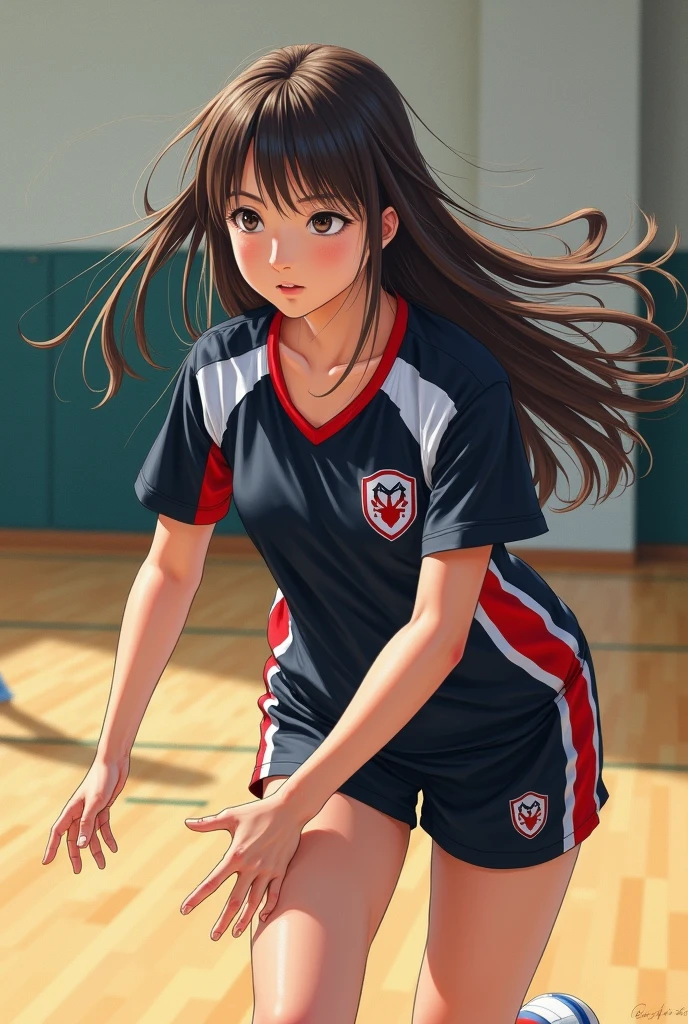 Japanese long-haired high school girl in oil painting style。
Volleyball club practicing in the gym。
The uniform is black and white with short sleeves.、Red underneath。
A painting that looks like a photograph。