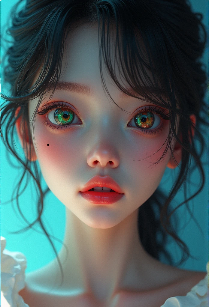 (surreal, Realism 16K quality), (vivid silhouette), ((Extremely realistic proportions, anatomically correct:1.3)), beautiful girl, ((full body portrait)), ((Very realistic and sharp real human eyes)), perfect round eyes, (heterochromia eyes, Detailed pupils:1.2), high nose bridge, (A small dot on the tip of the nose, A dot under the left eye_light black), cleft chest, Perfect plastic beauty, "shh"Puckered lips as if to say, Big, plump, glossy pink lips, Unique lip line, Lipstick, Realistic cinematic light, detailed facial features, sharp focus, smooth, beautiful, Celestial Light, fantastic atmosphere, Real people in reality,
