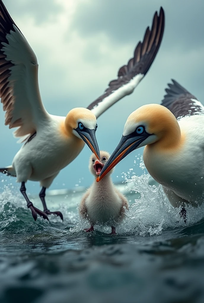 Adult gannets feeding a chick