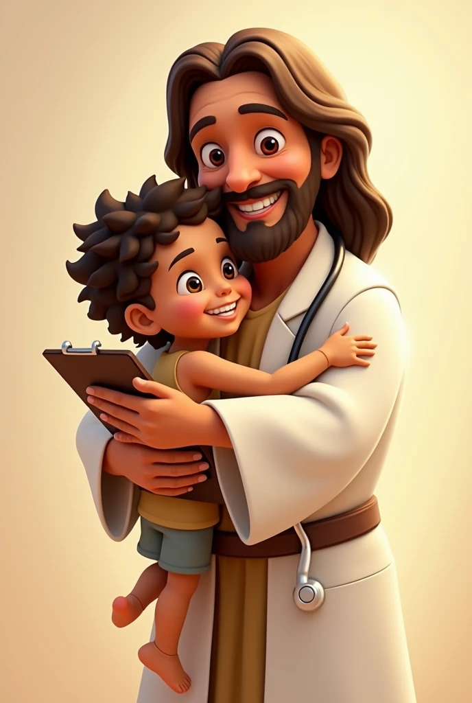 Animation of happy brown-eyed Jesus dressed as a doctor with clipboard in hands and stethoscope hugging a child 