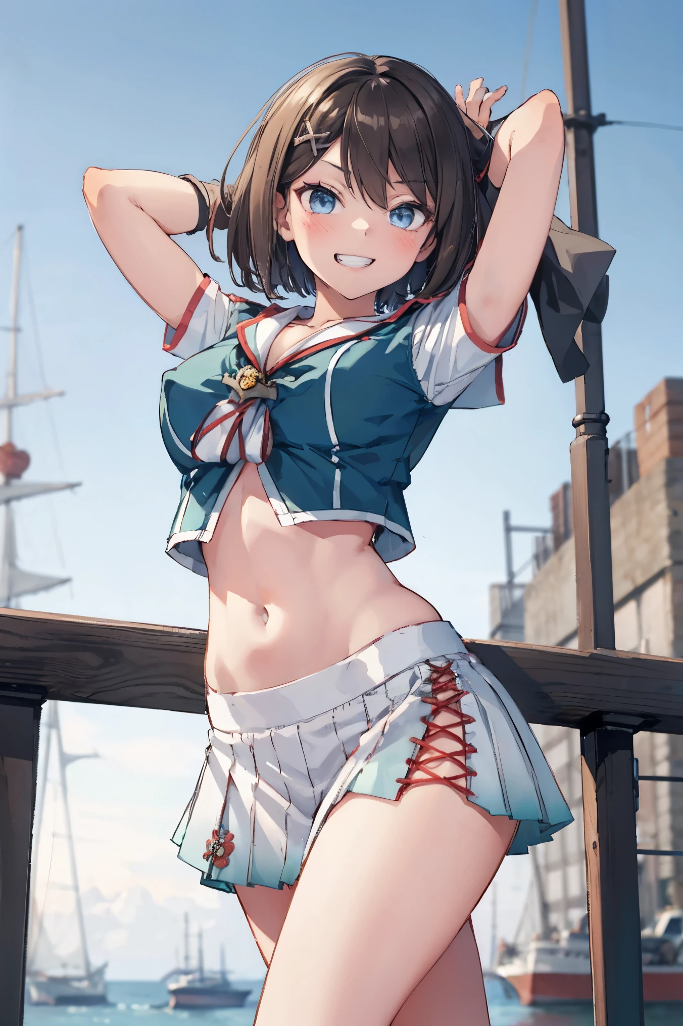 ung_teen_ girl, , brown_hair, medium_bob_hair, blue_midriff_baring_sailor_uniform, mini_skirt, short_sleeve, thighs, gigantic_breasts, (angry:0.6), smile,nihil,dynamic_posing, harbor_landscape_background, slightly_spread_Legs, happiness, short_gloves,,covered_nipples, covered_crotch,happy,grin,