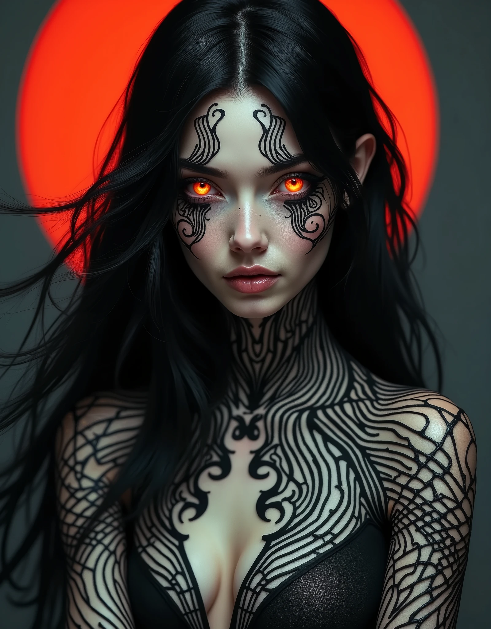 An eye-level portrait of a dark-haired woman with long black hair, her eyes are glowing a vibrant orange. Her face is adorned with black swirls, adding a pop of color to her body. The woman's upper body is covered in a black and white patterned design, while her arms and shoulders are adorned with a black design. The background is a dark gray, with a red circle in the upper left corner of the frame.