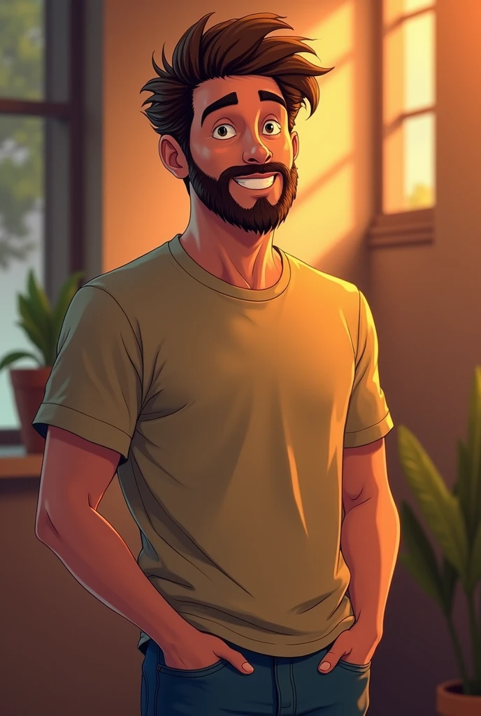 a detailed digital illustration of a 30-year-old male character based on Socost, friendly and approachable expression, slightly messy brown hair, stubble beard, wearing a casual t-shirt and jeans, warm color palette, highly detailed, cinematic lighting, 4K resolution